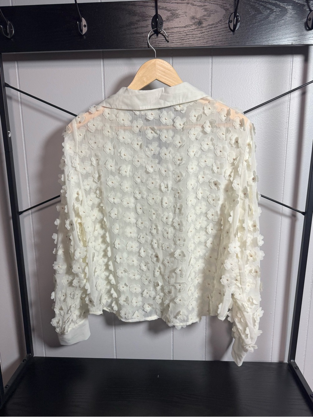 Adrianna Papell Ivory 3D Floral Appliqué Sheer Blouse